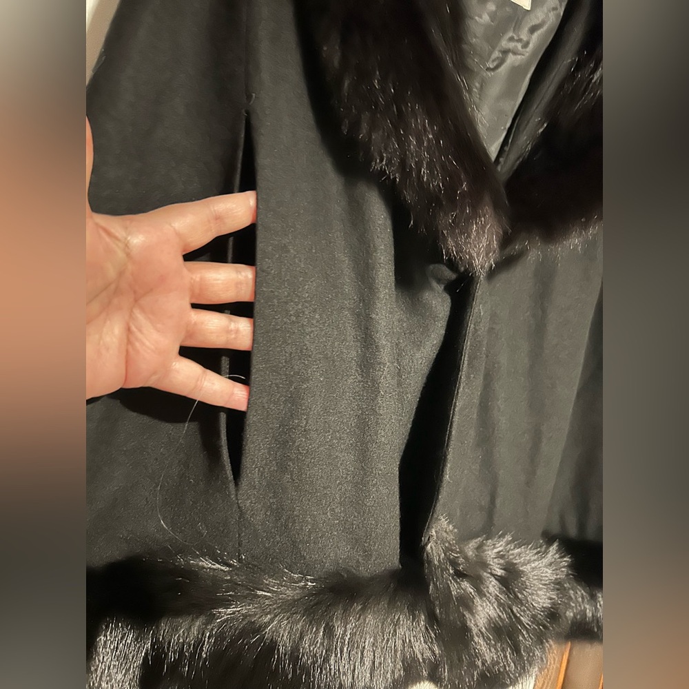 SANDI MONICA Vintage 60’s Mod Retro Fur Cape Coat Wool Black - Picture 3 of 4